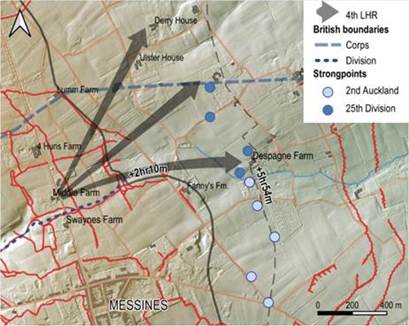 Map of Messines and strongpoints on the Black Dotted Line and intended objectives of the Australian 4th Light Horse Regiment. 